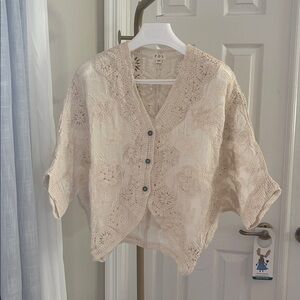 NEW POL Cream Crochet Three Button Top One Size